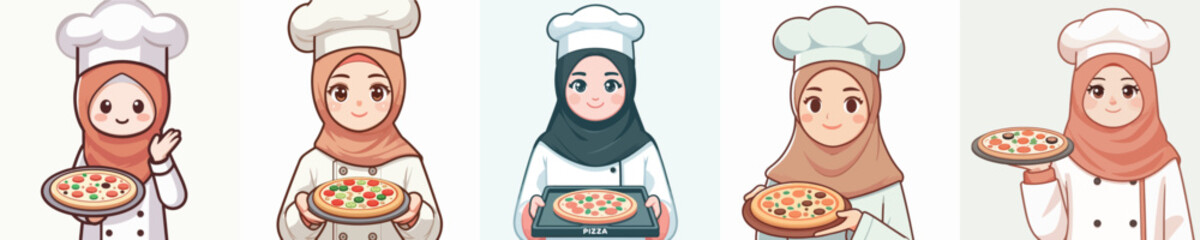 hijab woman vector holding pizza