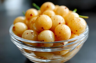 A clear glass bowl filled with fresh, round, yellow fruits, showcasing their natural sheen and speckled surface, perfect for culinary displays.
