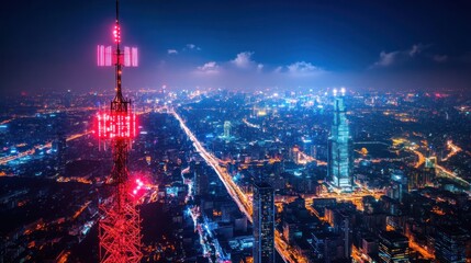 Obraz premium Night Lights of the City: A Stunning Aerial View of Nanning's Illuminated Skyline with a Tower