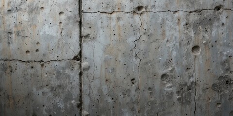 Obraz premium A weathered wall featuring multiple holes and cracks, showcasing signs of age and neglect. The surface is textured, with peeling paint and exposed bricks, adding character and depth.