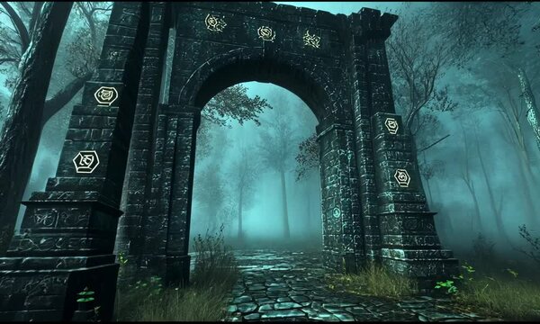 Misty, ancient archway in a dark forest.