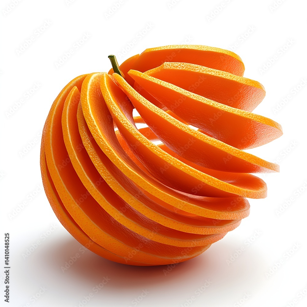 Poster A visually striking image of an orange skillfully transformed into a spiral sphere. The vibrant color and unique form make for a captivating still life. Isolated on a white background.