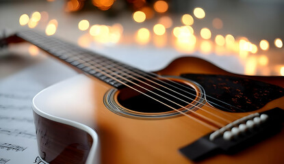 Fototapeta premium A close-up of an acoustic guitar resting on sheet music, illuminated by soft bokeh lights, creating an inviting atmosphere for music enthusiasts.