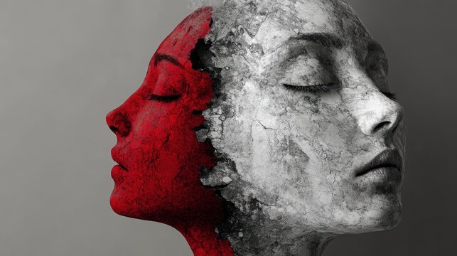 A fractured female face, split between red and gray, a duality of emotions.