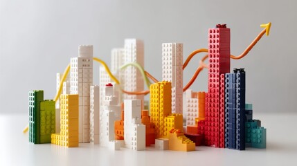 Colorful city made of plastic brickswith a red arrow pointing upwards. Concept of growth and progress, as the city is built up and expanding.