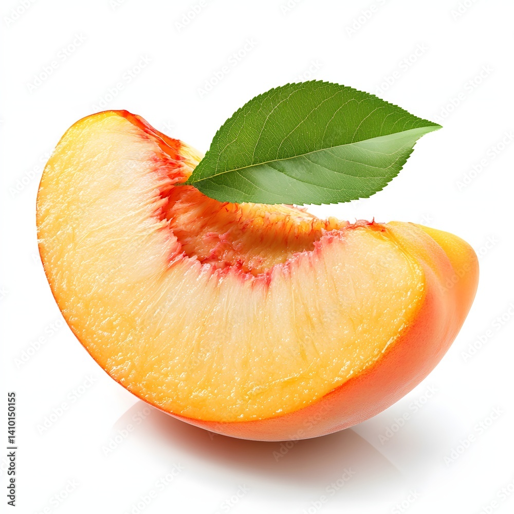 Poster Close-up of a vibrant nectarine slice with a green leaf. A refreshing summer image. Isolated on a white background. A Juicy Nectarine Slice with a Fresh Green Leaf