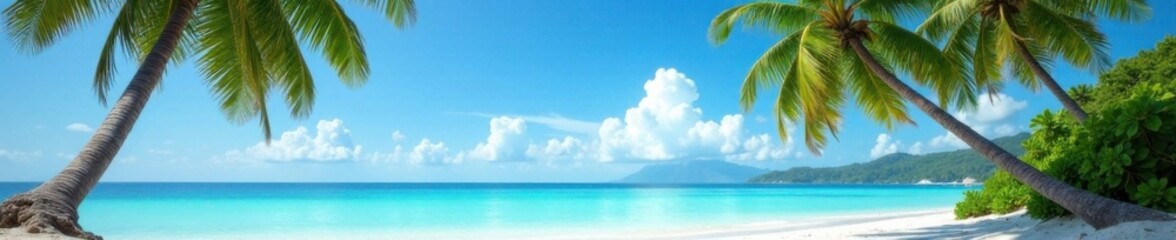 Palm trees sway in ocean breeze amidst crystal clear waters, oceanic, warm, island