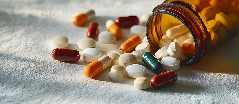 A close-up view of assorted medical pills scattered around an open prescription bottle on a light surface, highlighting the importance of medication.