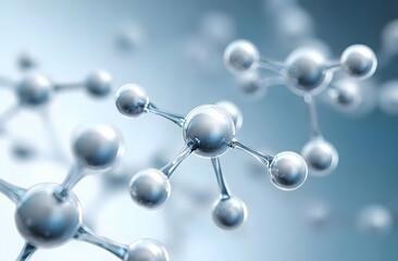Obraz premium A close-up view of molecular structures showcasing interconnected atoms in a serene blue environment, representing the essence of scientific innovation.