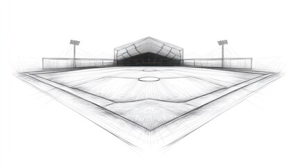 Baseball field sketch, covered dugout, perspective, graphic design