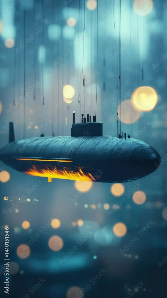 Aufkleber A futuristic concept image of a submarine hovering above ground with colorful lights shining from its surface.