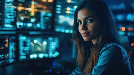 Naklejka premium Cybersecurity Specialist: A Woman's Gaze in the Digital World