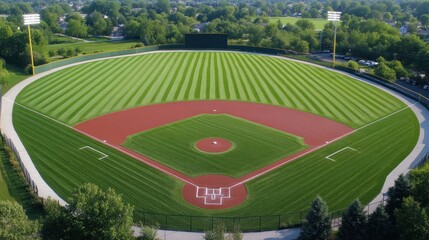 Obraz premium Aerial view of a baseball field, lush green grass, and suburban background