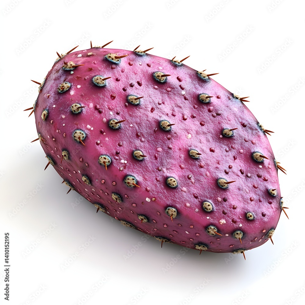 Poster a detailed close-up image of a prickly pear cactus pad. the pad is a vibrant pink-purple hue and fea