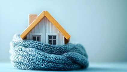 A cozy miniature house wrapped in a knitted scarf symbolizes warmth and comfort in a modern living space. Perfect for home and lifestyle concepts.