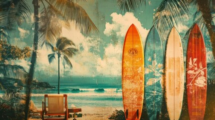 Retro surfboards beach scene, leaning against a tropical background with a vintage chair