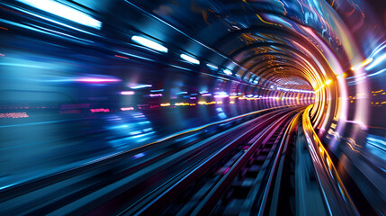 A futuristic tunnel with glowing lights and rails receding into the distance creating a sense of speed .