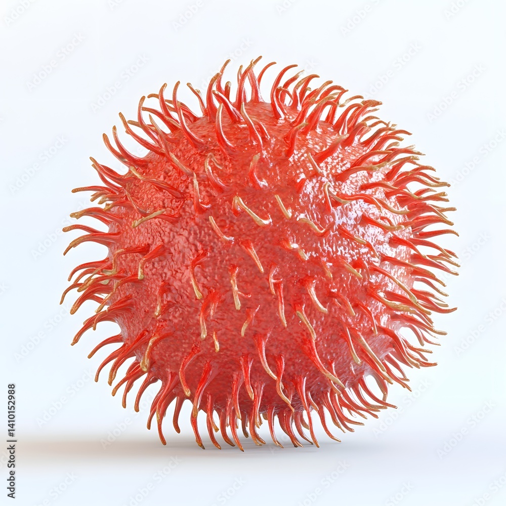 Poster close-up 3d render of a rambutan fruit, showcasing its vibrant red color and spiky texture. rambutan