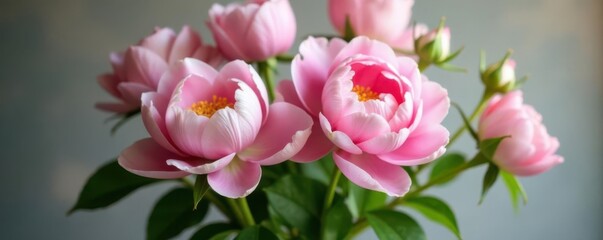 Fototapeta premium Soft pink peonies and roses in a vase with delicate stems and lush greenery , floral arrangement, bouquet