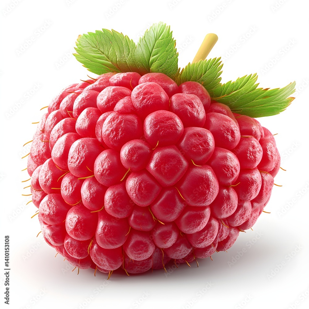 Poster a vibrant, close-up shot of a single raspberry, showcasing its rich red color and juicy texture agai