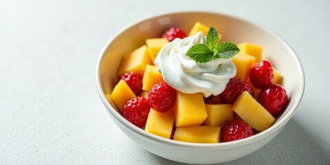 A refreshing summer fruit salad with juicy melon cubes, sweet raspberries, and a dollop of creamy whipped topping, perfect for a light dessert or snack.