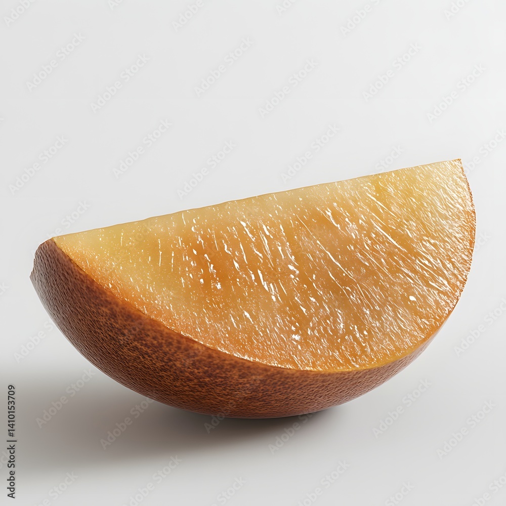 Poster close-up view of a single, juicy slice of golden sapodilla. the vibrant colors and texture are highl
