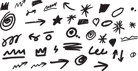 Hand drawn sketch doodle style arrow, star with marker stroke pencil highlight. Cute handwritten crown, star line brush art design. Vector illustration