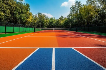 Fototapeta premium Colorful tennis courts under bright blue skies with lush green trees nearby in a vibrant setting