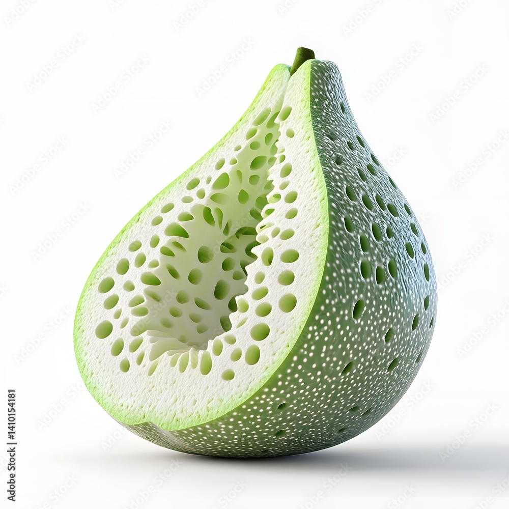 Poster a visually striking 3d render of a halved soursop fruit, showcasing its intricate, perforated interi