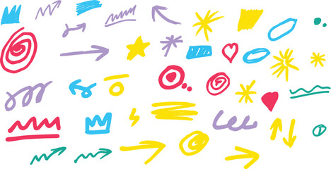 Colorful doodles, hand-drawn arrows, scribbles, stars, swirls, abstract shapes, geometric elements, playful sketches, vibrant colors, childlike drawings, simple illustrations