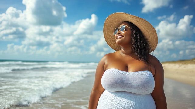 Surfing adventure with a plus size Black woman enjoying the beach