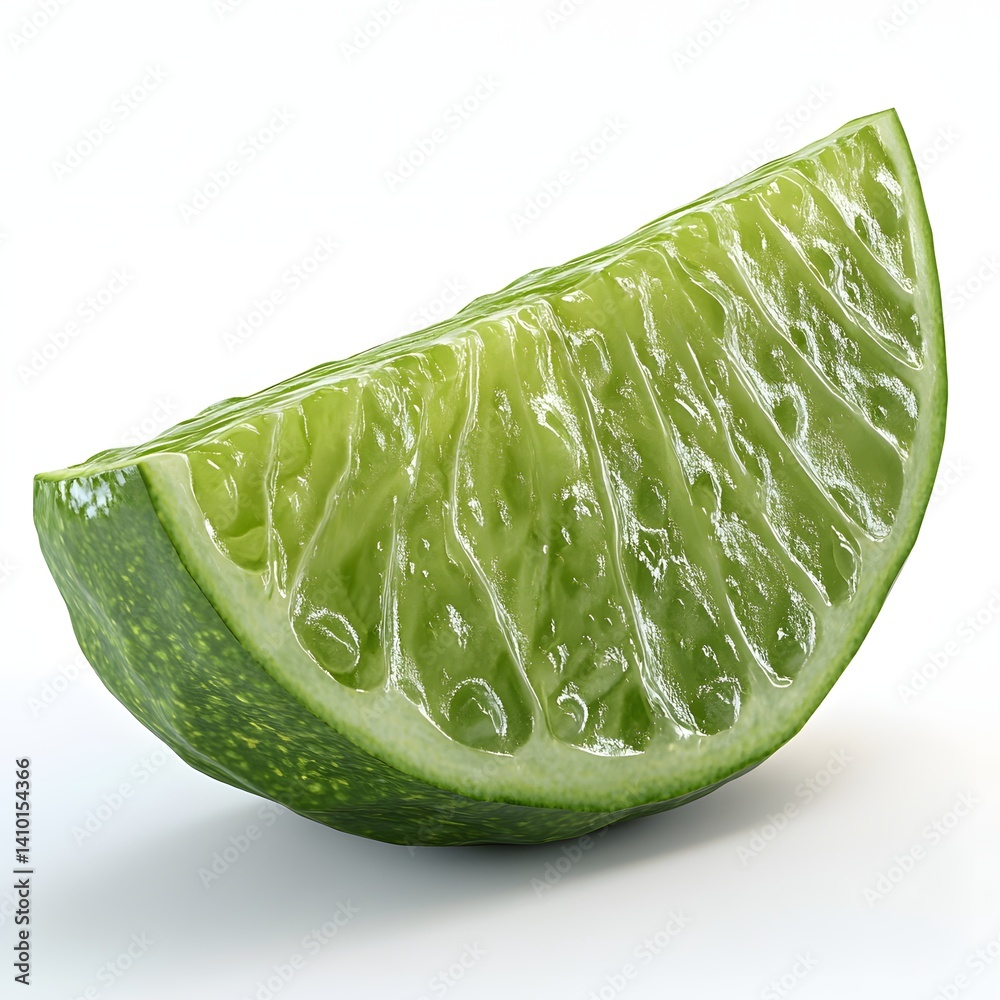 Poster close-up of a single lime wedge, highlighting its texture and juicy segments. perfect for recipes, d
