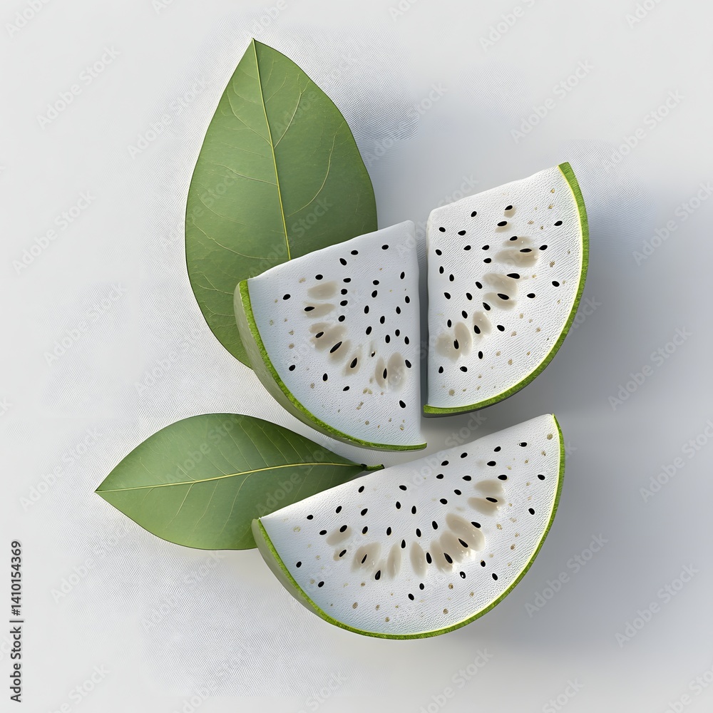 Aufkleber image of three cherimoya slices arranged artfully with vibrant green leaves on a pristine white back