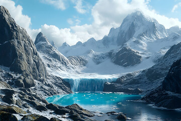 Snowy mountain range with a glacial lake and waterfall.