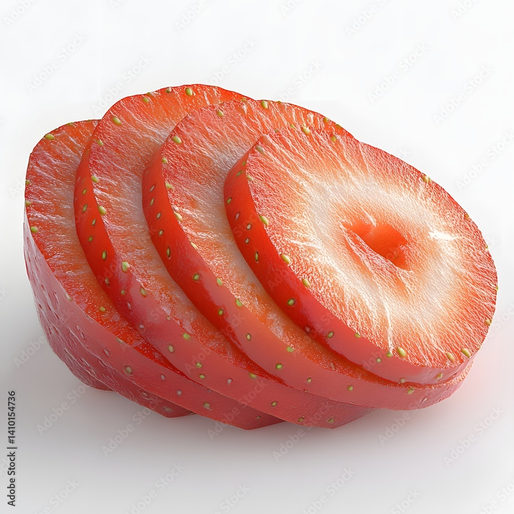 Poster close-up of several juicy strawberry slices, arranged on a white background. sliced strawberries iso
