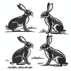 vector illustration of rabbits,Set of Four Stylized Black and White Rabbit Silhouettes in Sitting Pose