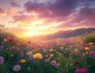 Fototapeta premium Vibrant Meadow of Wildflowers Under an Epic Sunset – Nature's Beauty in Full Glory