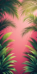 A vibrant tropical background featuring lush green palm trees swaying gently in the breeze, set against a stunning pink sky at sunset, creating a serene and picturesque paradise.