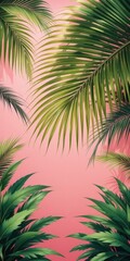 Vibrant tropical palm leaves in rich shades of green are elegantly arranged against a soft pink background, creating a striking contrast that evokes a sense of paradise and tranquility.