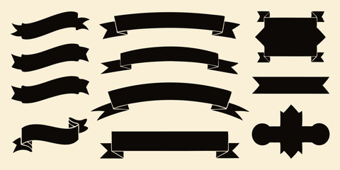Collection of retro black silhouette design assets (ribbons, banners, etc.) on light background, column format.