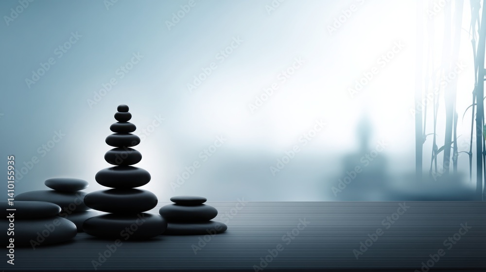 Poster a stack of rocks positioned on a table representing balance and strategy in a soft and harmonious se