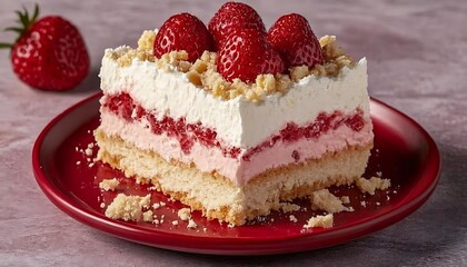 Strawberry Dessert Slice on Red Plate