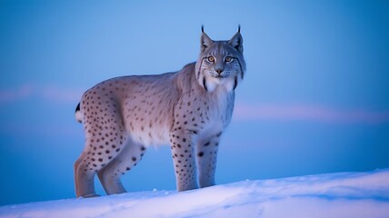 Fototapeta premium Lynx Standing Still on Snowy Cliff with Wind in Fur, Overlooking Landscape Below for a Bold, Majestic Wild Animal Portrait
