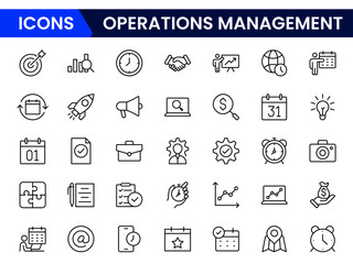 Operations management icon set. Containing production, logistics, supply chain, manufacturing, planning, inventory management, strategy, customer satisfaction and cost icons