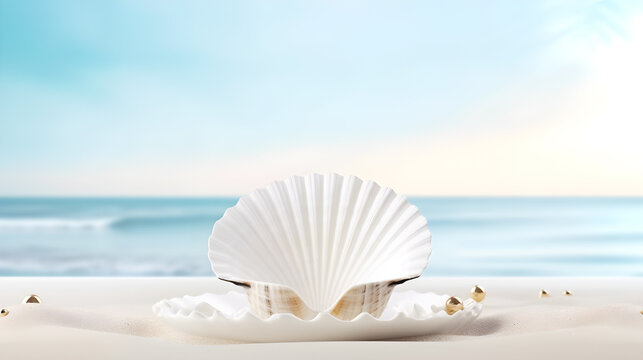 A white and gold seashell on a sandy beach with a blurred ocean background.