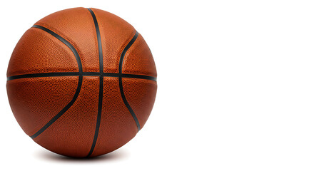 Obraz premium Orange-brown basketball with a sporty textured surface, on a white background for sports and basketball promotions.
