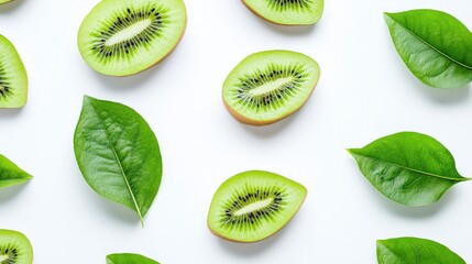 Fototapeta premium Refreshing Kiwi Fruit Pattern: Sliced Kiwis and Lush Green Leaves on White Background