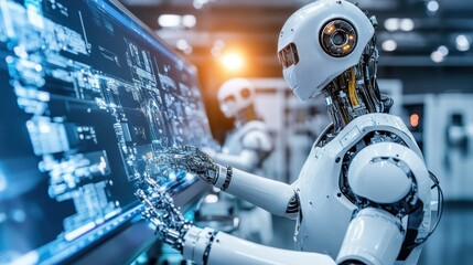 Fototapeta premium Advanced Robotics: Humanoid Robots Interacting with Futuristic Technology