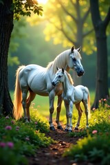 Unicorn Mare and Foal in Forest, horse, magical