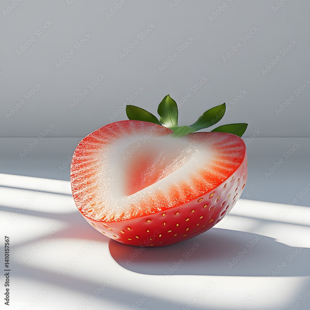 Poster close-up of a halved strawberry, showcasing its vibrant red color and juicy texture. a clean, bright